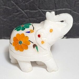Marble Inlay Lucky Elephant Statuette Showpiece Handmade Vintage Excellent